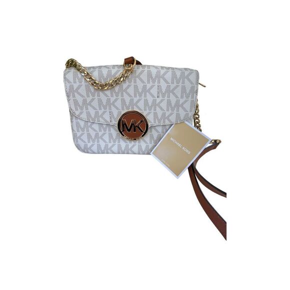 Michael Kors Fulton Signiture Flap Gusset Crossbody Handbag Vanilla Gold Hardwar - Picture 1 of 8
